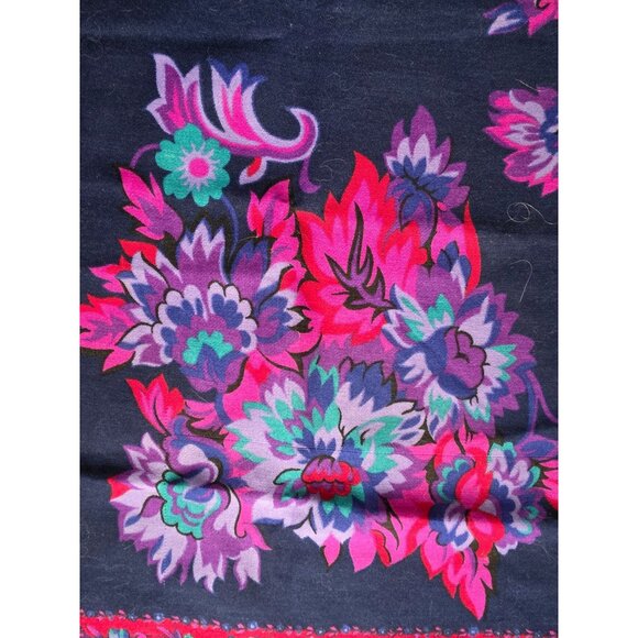 Vintage Floral Print Cotton Square Scarf With Fringed Edges 30" - Picture 2 of 4